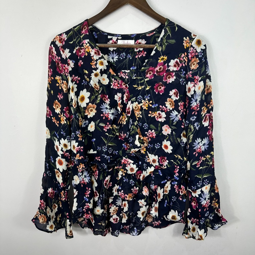 Parker Floral Top Women XS Blue Silk Blend Romantic Cottage Feminine Ruffle